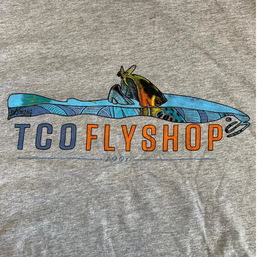 TCO Fly Shop Shirts TCO Logo T-Shirt Deyoung Brown Trout Riser 5 TCO Fly Shop Shirts TCO Logo T-Shirt Deyoung Brown Trout Riser