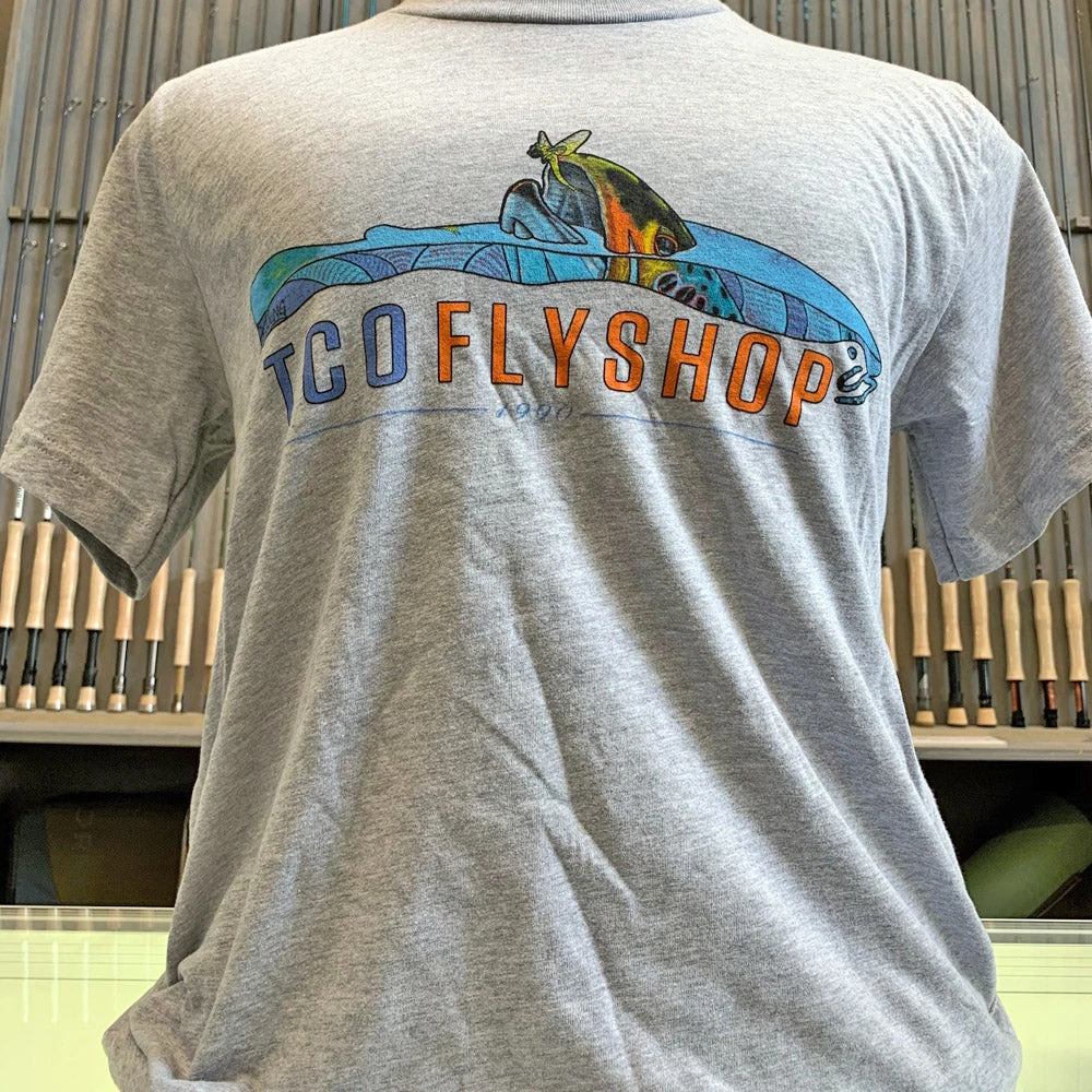 TCO Fly Shop Shirts TCO Logo T-Shirt Deyoung Brown Trout Riser 4 TCO Fly Shop Shirts TCO Logo T-Shirt Deyoung Brown Trout Riser